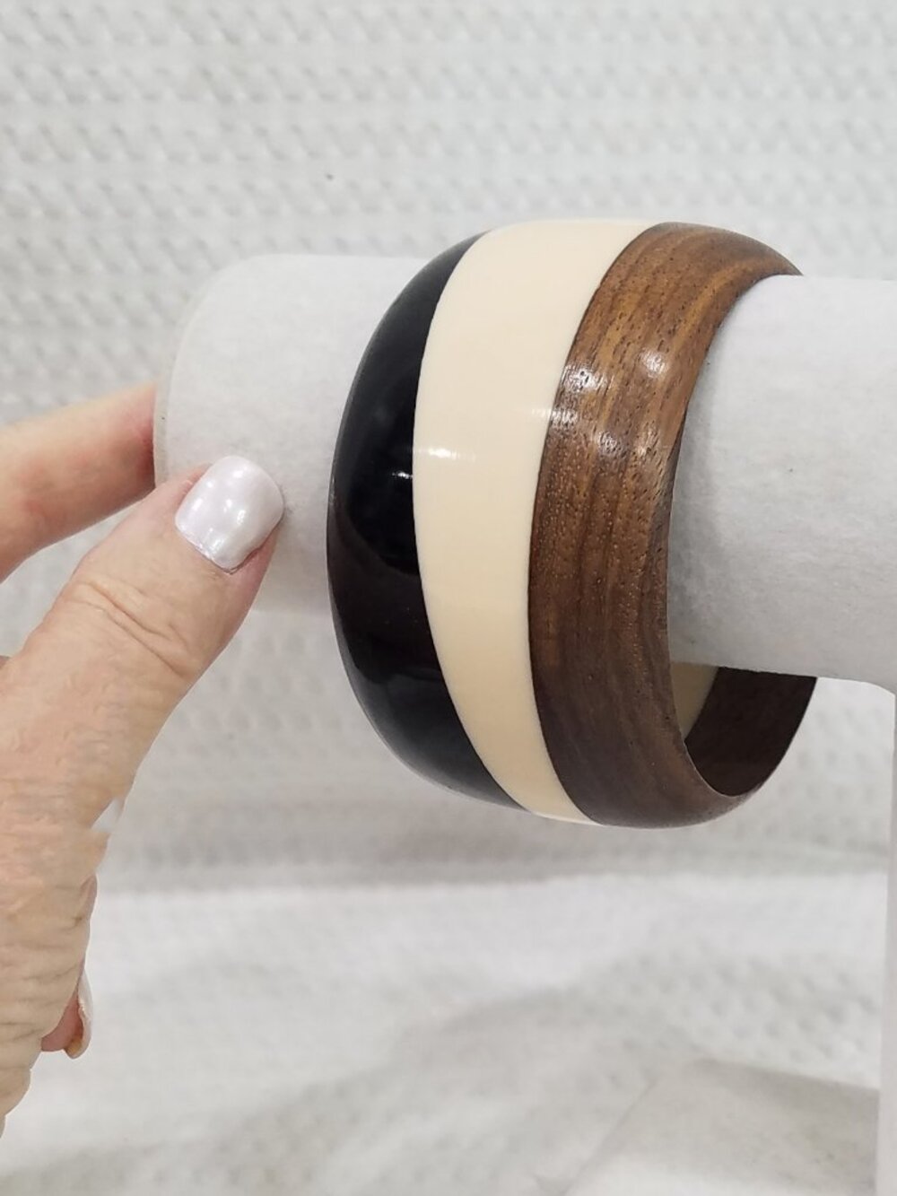 Vtg Modernist Tri-Color Bracelet Black Brown & Beige Lucite and Wood Wide Bangle